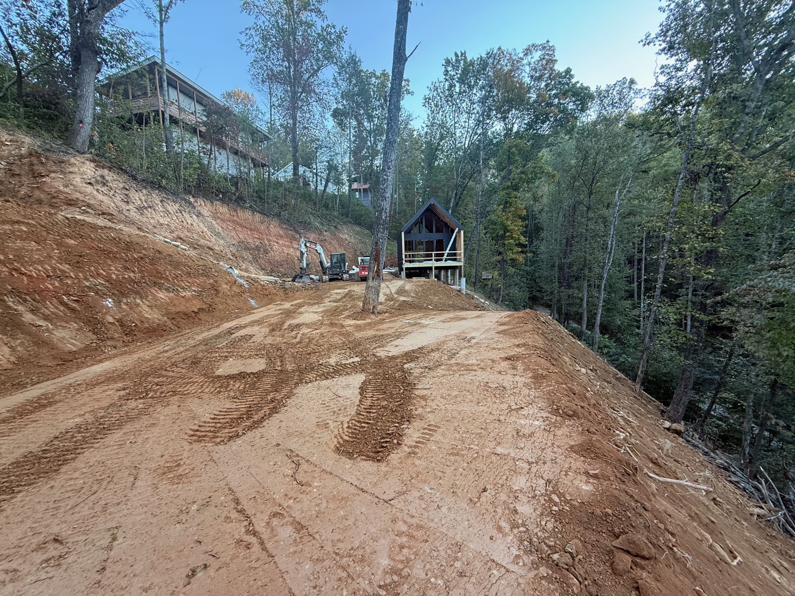 New driveway carved into a wooded hillside leading up to a home